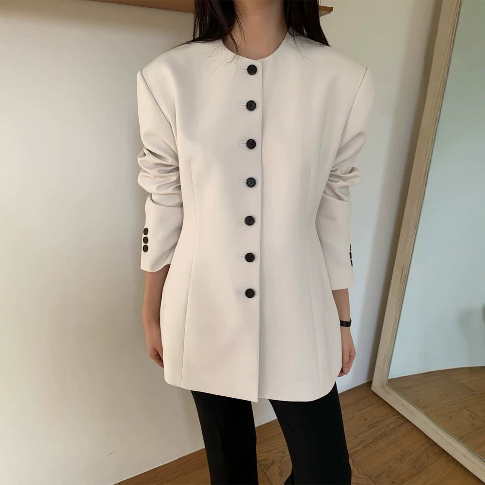 Women's Tailored Blazer with Sculptural Shoulder, Round Neckline and Contrast Button Placket Chichicherry - Chichicherry