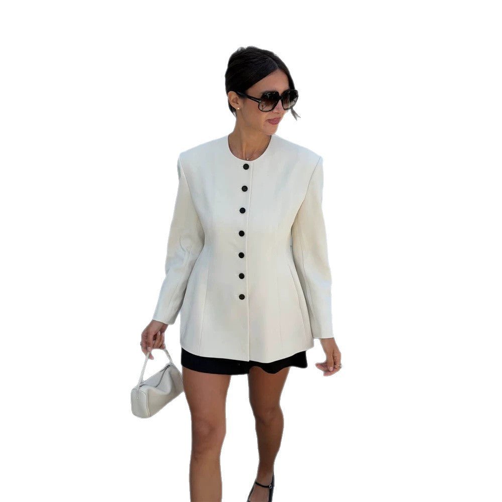 Women's Tailored Blazer with Sculptural Shoulder, Round Neckline and Contrast Button Placket Chichicherry - Chichicherry