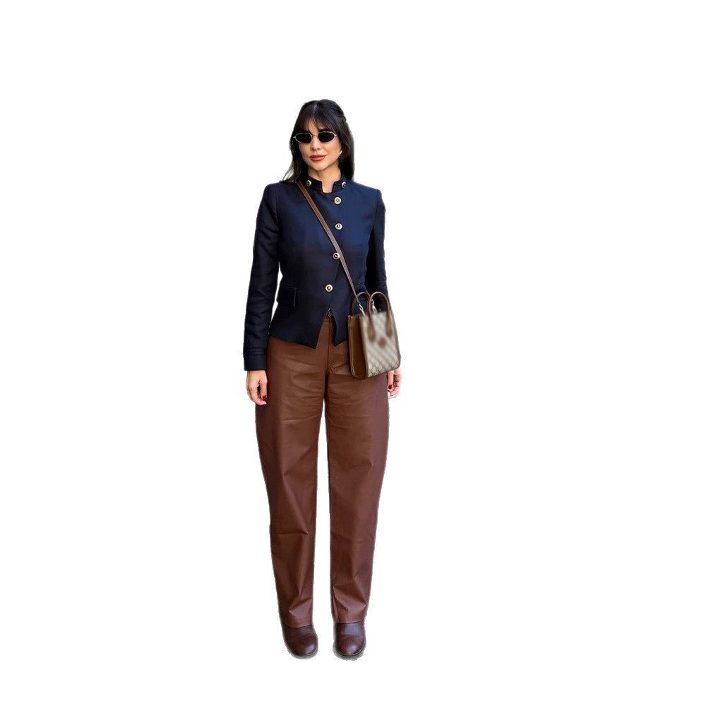 Women's Tailored Blazer with Stand-up Collar and Golden Decorative Buttons Chichicherry - Chichicherry