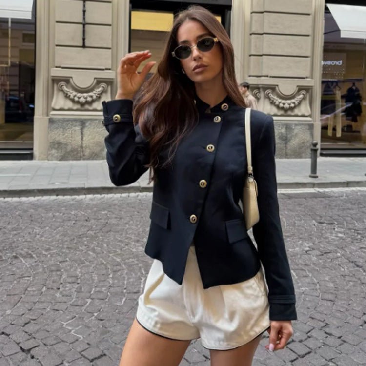 Women's Tailored Blazer with Stand-up Collar and Golden Decorative Buttons Chichicherry - Chichicherry
