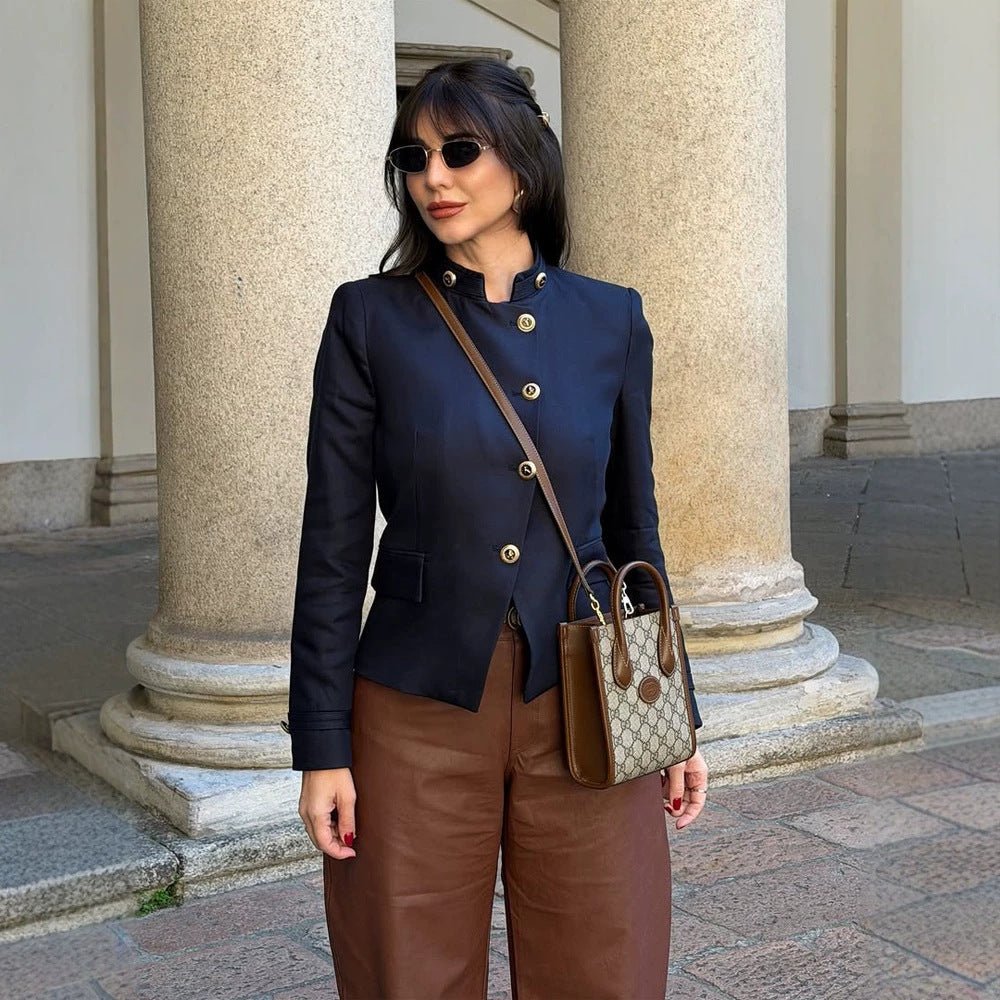 Women's Tailored Blazer with Stand-up Collar and Golden Decorative Buttons Chichicherry - Chichicherry