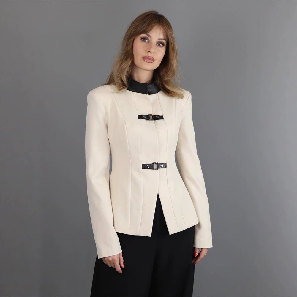Women's Tailored Blazer with Stand-Up Collar, Waist Seams, and Decorative Strap Closures Chichicherry - Chichicherry