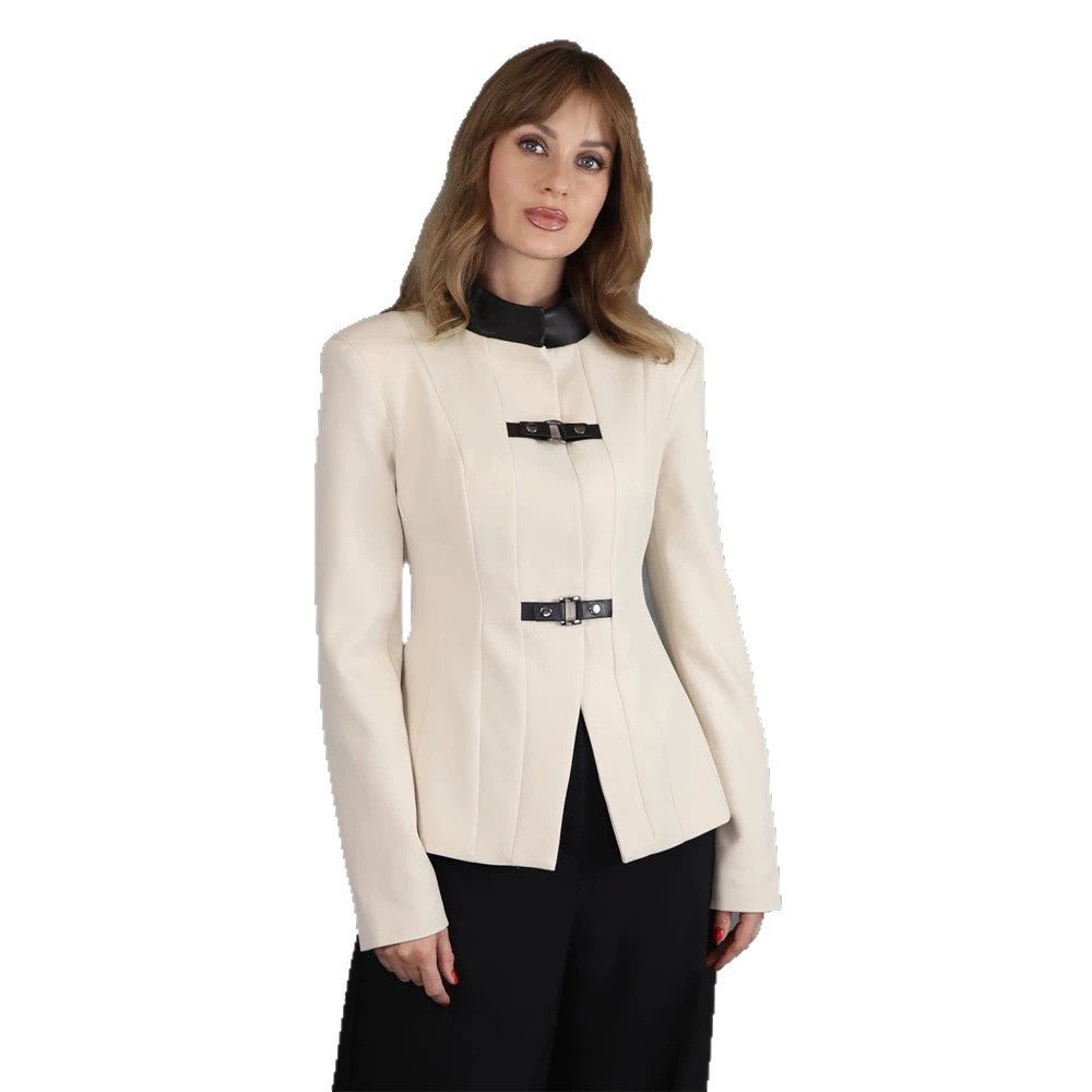 Women's Tailored Blazer with Stand-Up Collar, Waist Seams, and Decorative Strap Closures Chichicherry - Chichicherry