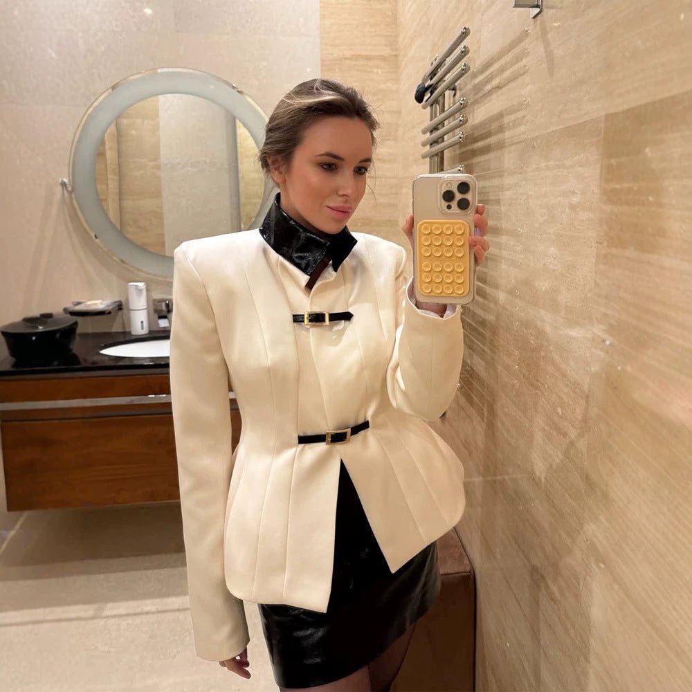 Women's Tailored Blazer with Stand-Up Collar, Waist Seams, and Decorative Strap Closures Chichicherry - Chichicherry