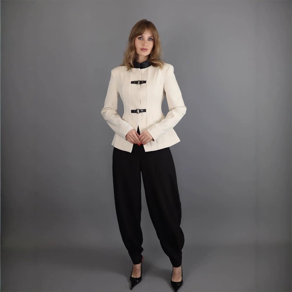 Women's Tailored Blazer with Stand-Up Collar, Waist Seams, and Decorative Strap Closures Chichicherry - Chichicherry