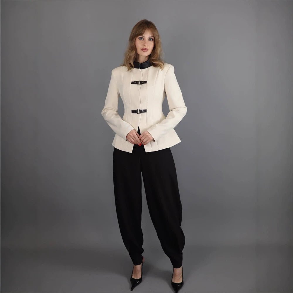 Women's Tailored Blazer with Stand-Up Collar, Waist Seams, and Decorative Strap Closures Chichicherry - Chichicherry