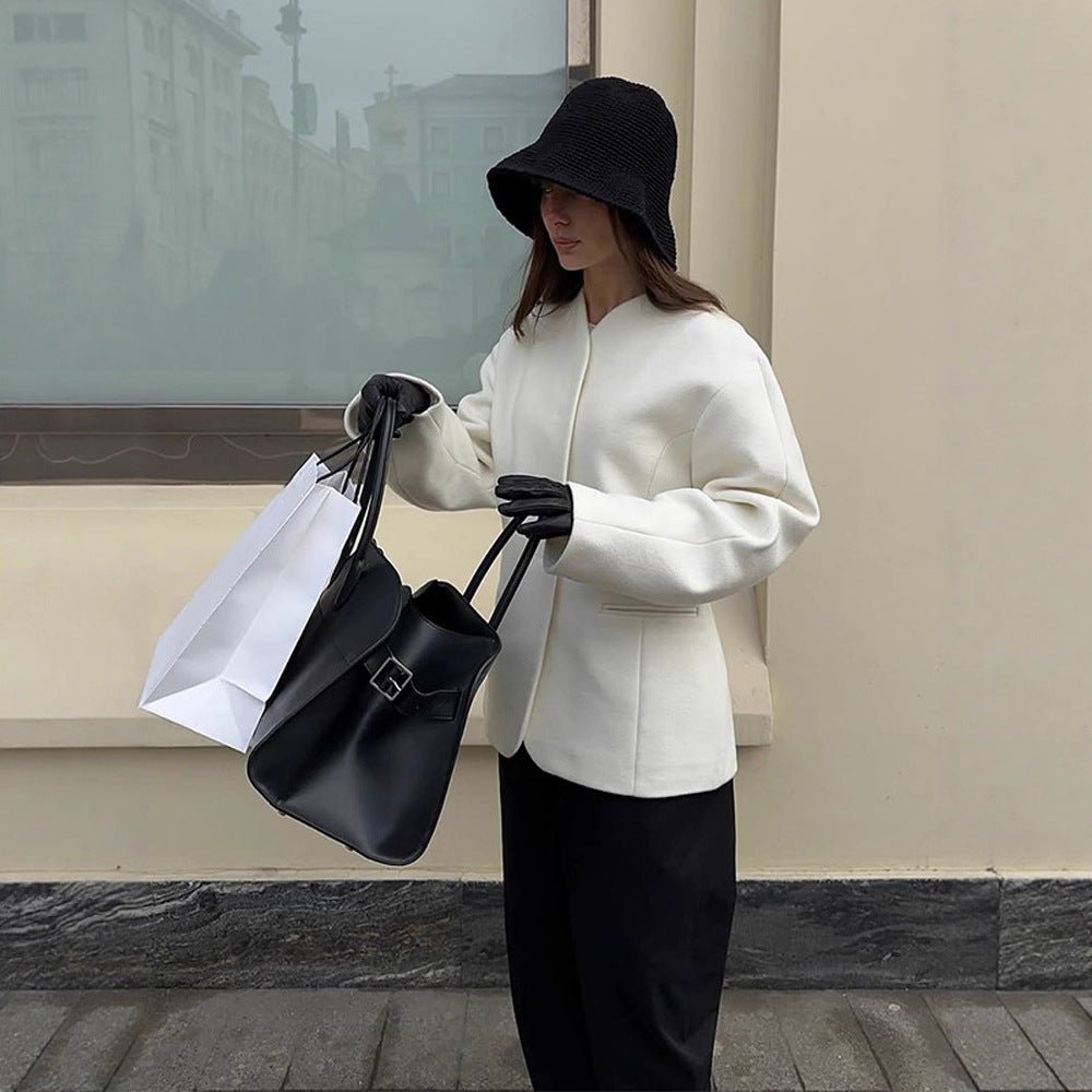 Women's Tailored Collarless Wool Blend Short Coat with Clear Silhouette Chichicherry - Chichicherry