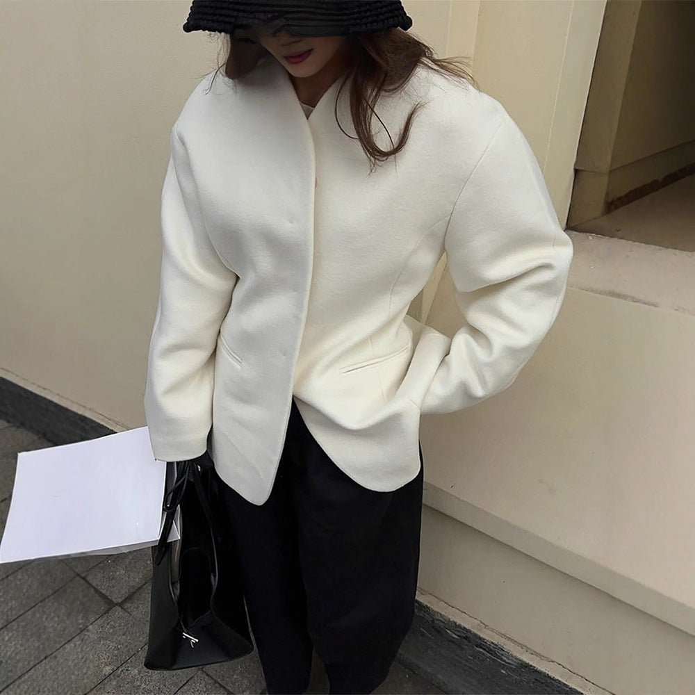 Women's Tailored Collarless Wool Blend Short Coat with Clear Silhouette Chichicherry - Chichicherry