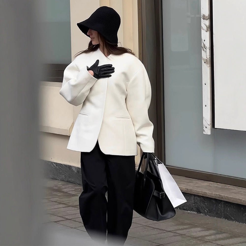 Women's Tailored Collarless Wool Blend Short Coat with Clear Silhouette Chichicherry - Chichicherry