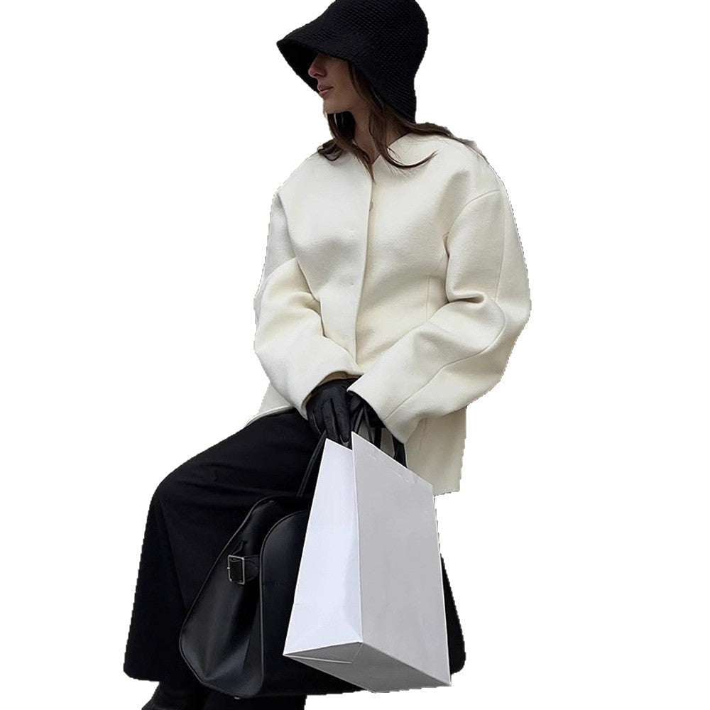 Women's Tailored Collarless Wool Blend Short Coat with Clear Silhouette Chichicherry - Chichicherry