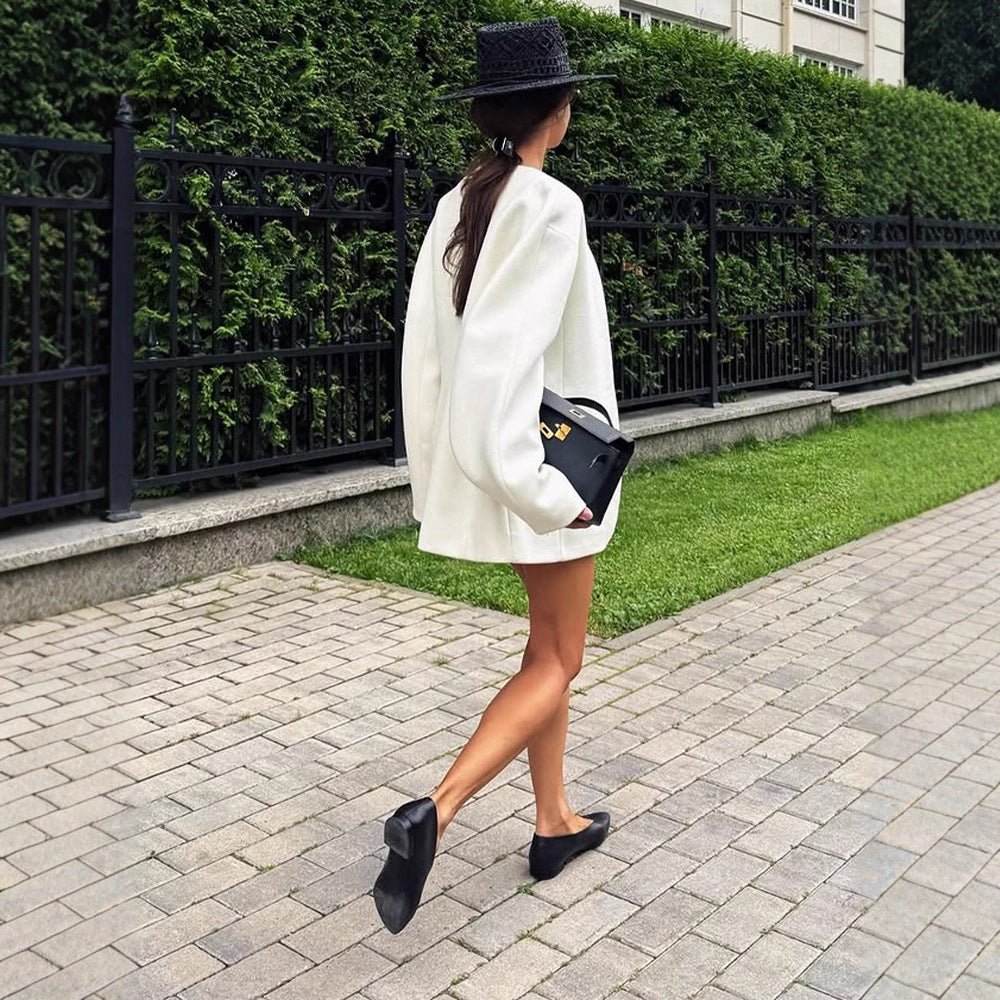 Women's Tailored Collarless Wool Blend Short Coat with Clear Silhouette Chichicherry - Chichicherry
