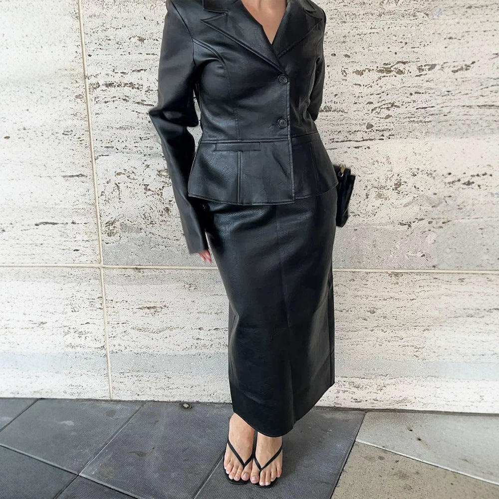 Women's Tailored Faux Leather Blazer with Princess Seams and Lapel Collar Chichicherry - Chichicherry