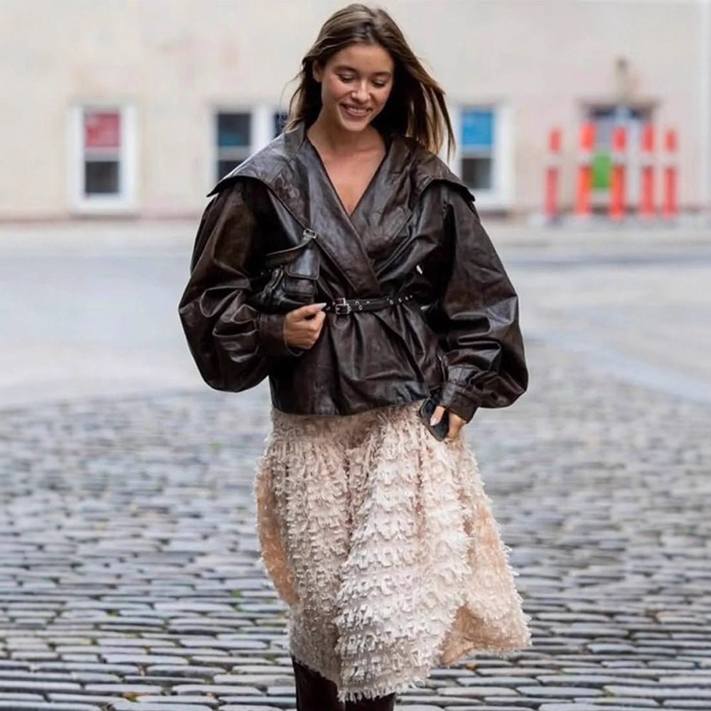 Women's Tailored Faux Leather Blouson with Wide Shawl Collar, Voluminous Balloon Sleeves and Double Studded Belt Chichicherry - Chichicherry