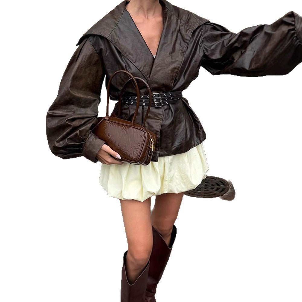 Women's Tailored Faux Leather Blouson with Wide Shawl Collar, Voluminous Balloon Sleeves and Double Studded Belt Chichicherry - Chichicherry