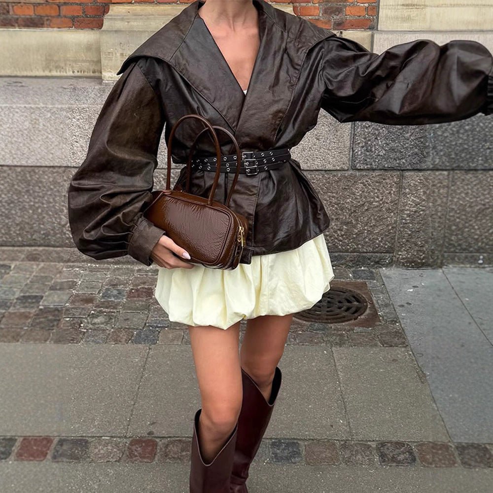 Women's Tailored Faux Leather Blouson with Wide Shawl Collar, Voluminous Balloon Sleeves and Double Studded Belt Chichicherry - Chichicherry