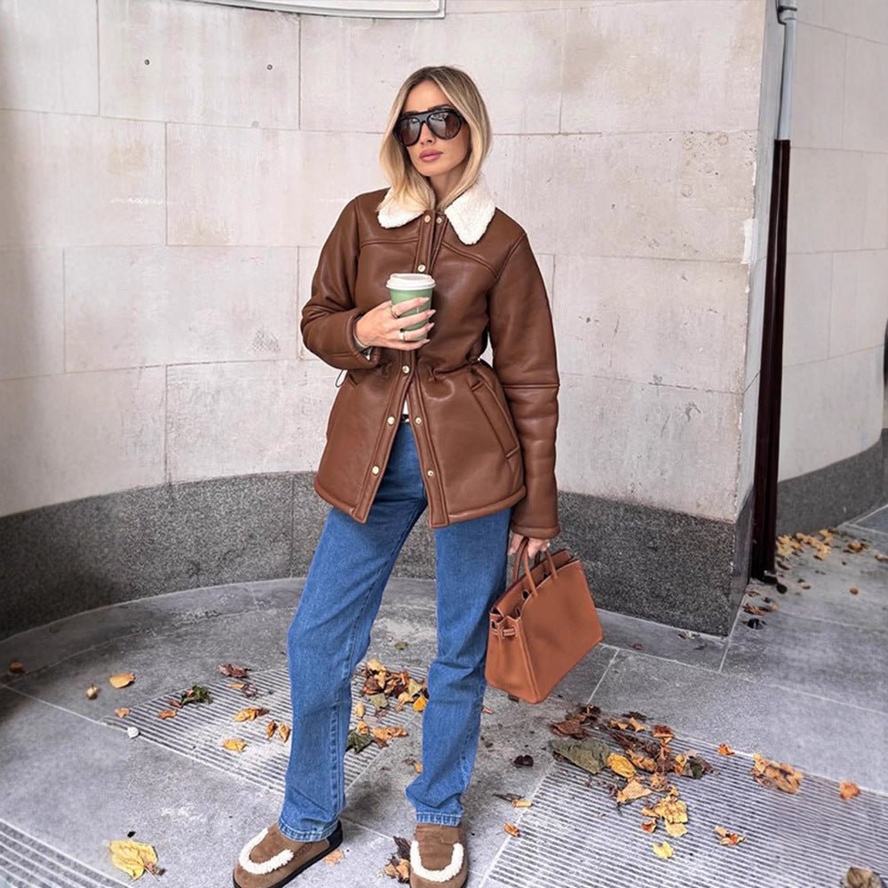 Women's Tailored Faux Leather Jacket with Drawstring, Teddy Collar and Snap Button Placket Chichicherry - Chichicherry