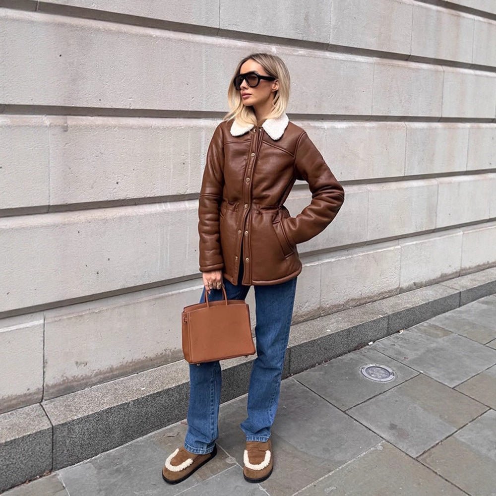 Women's Tailored Faux Leather Jacket with Drawstring, Teddy Collar and Snap Button Placket Chichicherry - Chichicherry