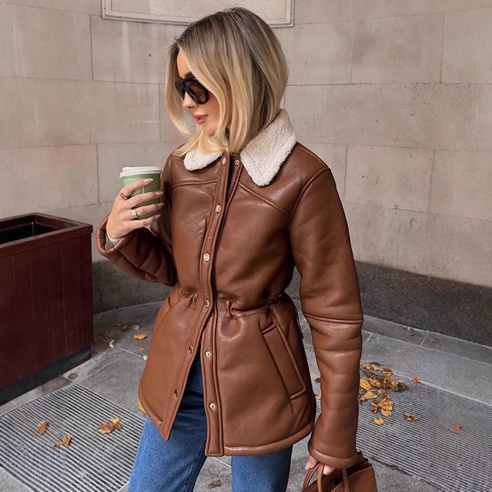 Women's Tailored Faux Leather Jacket with Drawstring, Teddy Collar and Snap Button Placket Chichicherry - Chichicherry