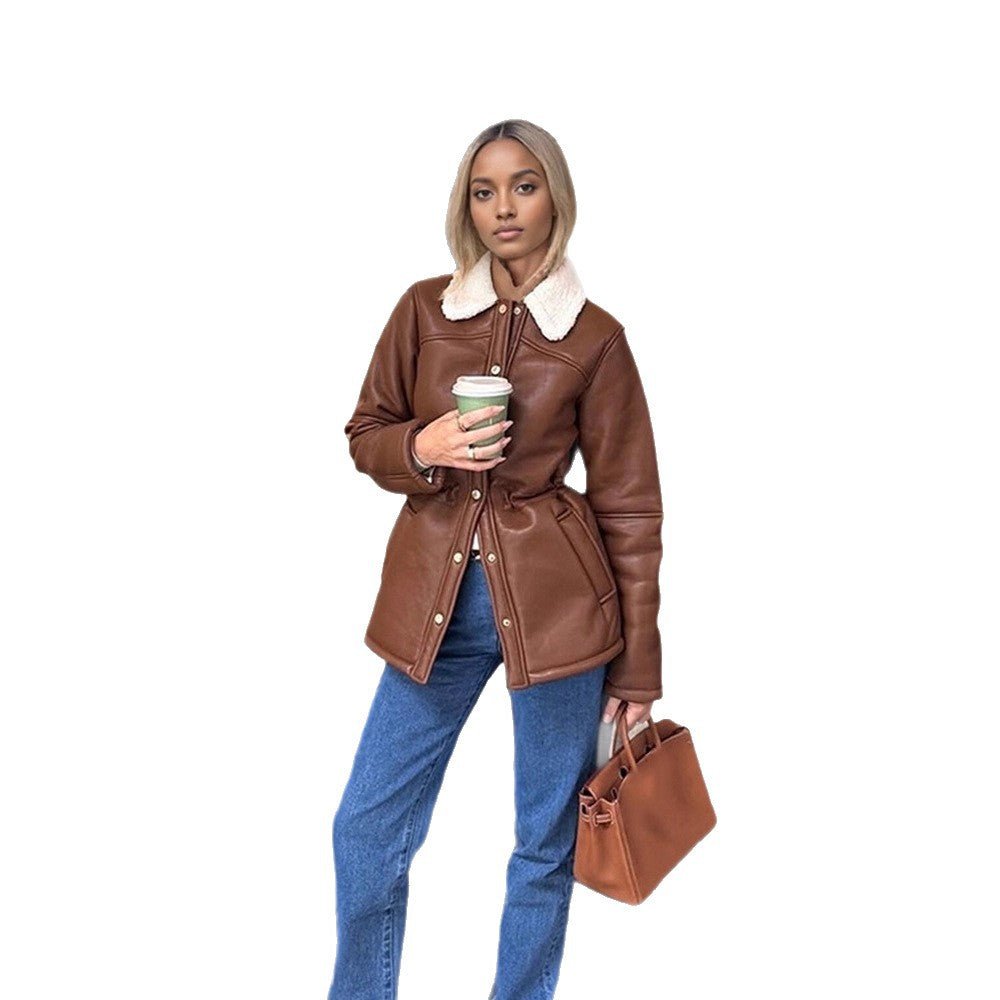 Women's Tailored Faux Leather Jacket with Drawstring, Teddy Collar and Snap Button Placket Chichicherry - Chichicherry