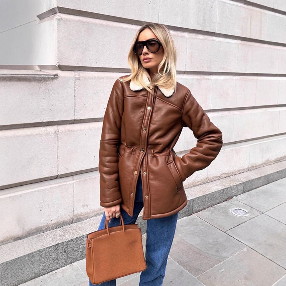 Women's Tailored Faux Leather Jacket with Drawstring, Teddy Collar and Snap Button Placket Chichicherry - Chichicherry