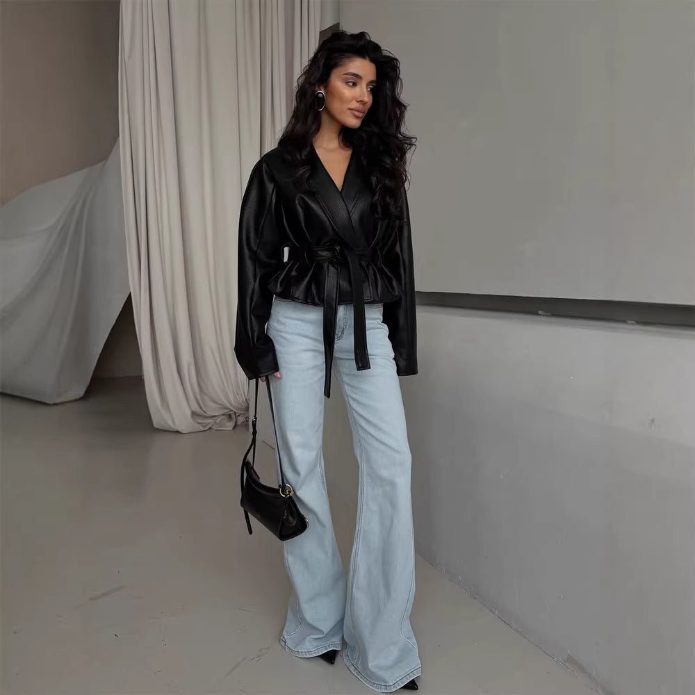 Women's Tailored Faux Leather Jacket with Peplum, Belt & Shawl Collar Chichicherry - Chichicherry