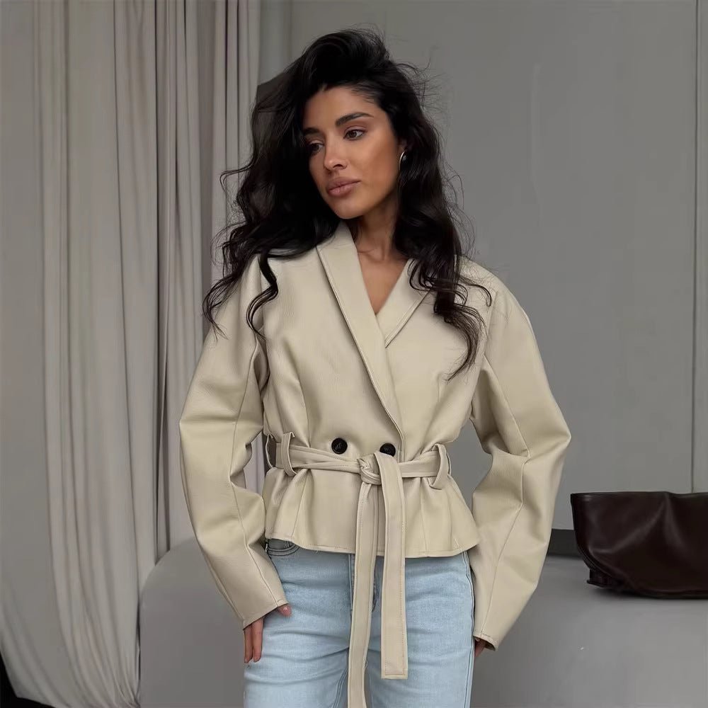 Women's Tailored Faux Leather Jacket with Peplum, Belt & Shawl Collar Chichicherry - Chichicherry