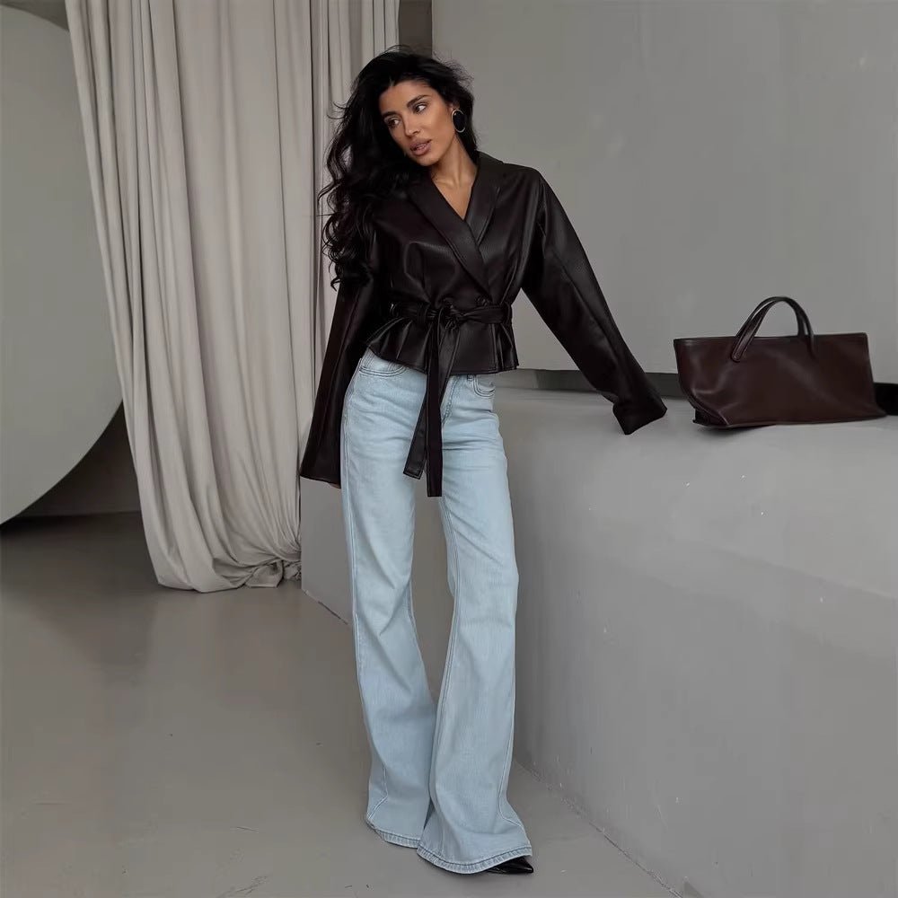 Women's Tailored Faux Leather Jacket with Peplum, Belt & Shawl Collar Chichicherry - Chichicherry