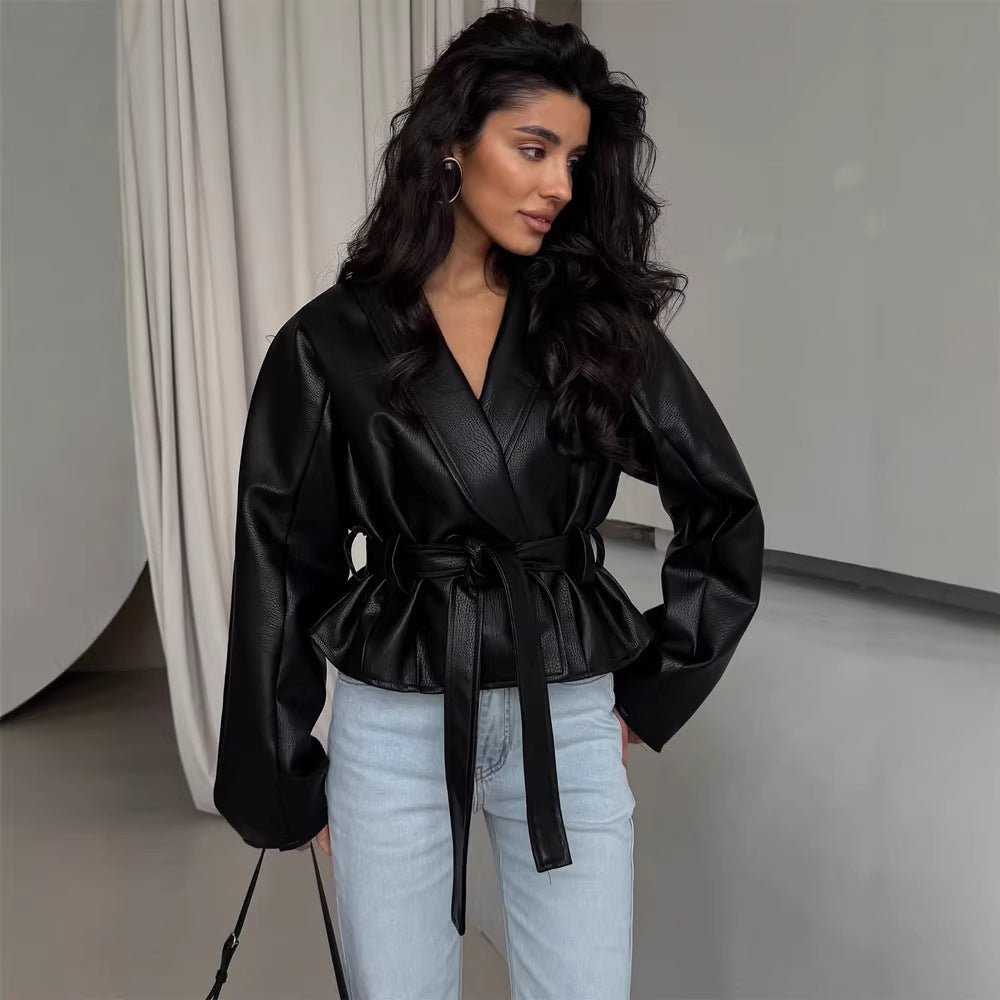 Women's Tailored Faux Leather Jacket with Peplum, Belt & Shawl Collar Chichicherry - Chichicherry