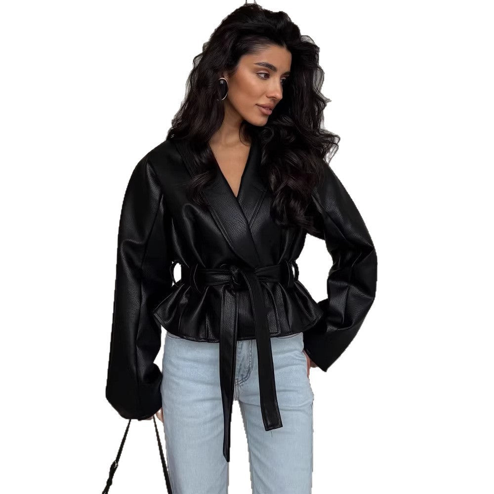 Women's Tailored Faux Leather Jacket with Peplum, Belt & Shawl Collar Chichicherry - Chichicherry