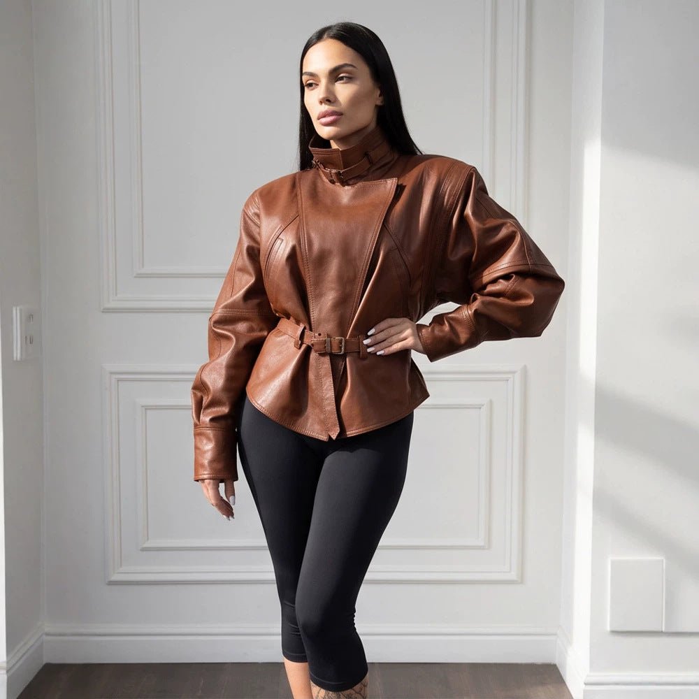 Women's tailored faux leather jacket with standing collar, neck strap, and figure-shaping waist belt Chichicherry - Chichicherry