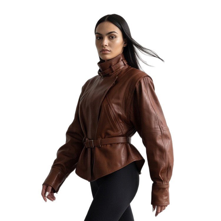 Women's tailored faux leather jacket with standing collar, neck strap, and figure-shaping waist belt Chichicherry - Chichicherry