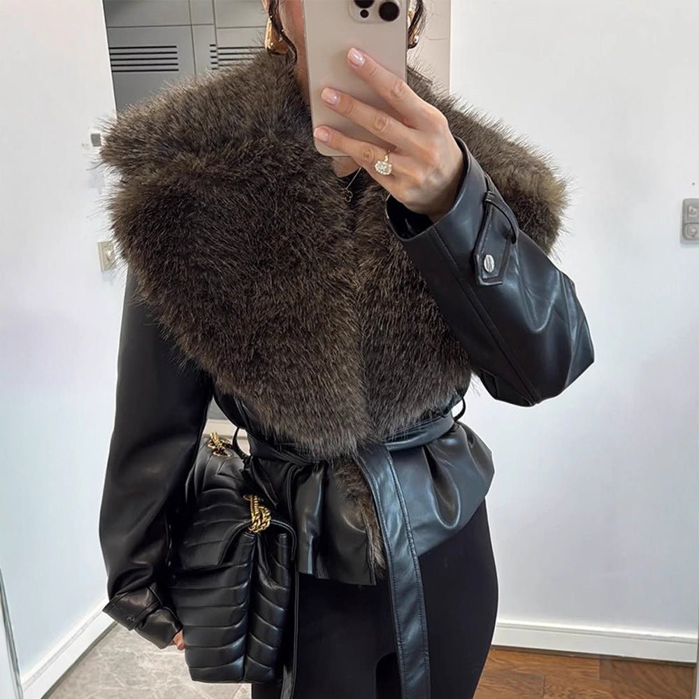 Women's tailored faux leather jacket with voluminous faux fur shawl collar and tie belt Chichicherry - Chichicherry