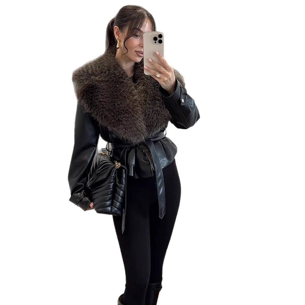 Women's tailored faux leather jacket with voluminous faux fur shawl collar and tie belt Chichicherry - Chichicherry