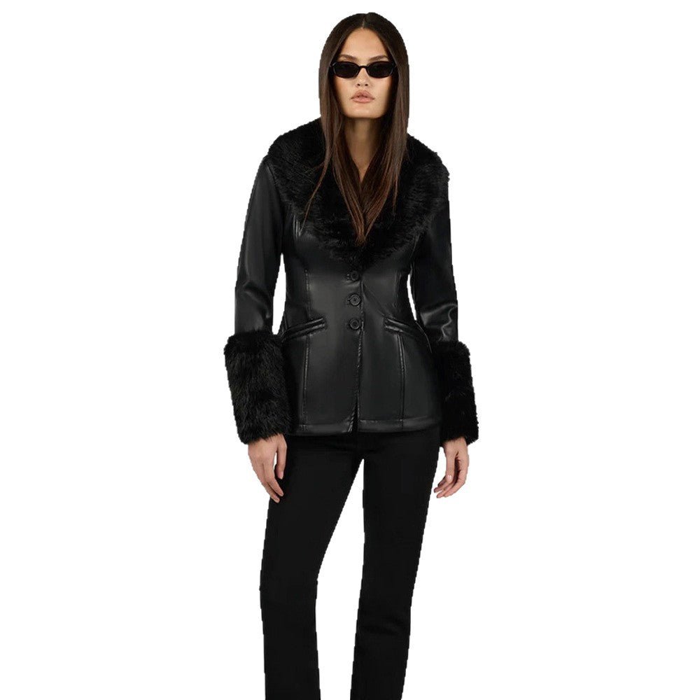 Women's Tailored Faux Leather Midi Coat with Wiener Seams, Voluminous Faux Fur Shawl Collar & Fur Cuffs Chichicherry - Chichicherry