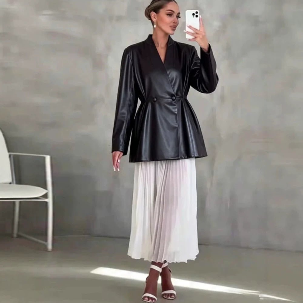 Women's Tailored Faux Leather Wrap Blazer with Flared Hem Chichicherry - Chichicherry
