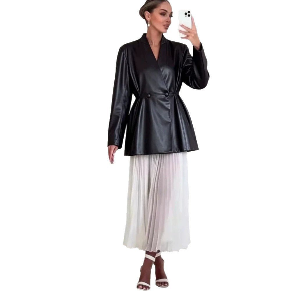 Women's Tailored Faux Leather Wrap Blazer with Flared Hem Chichicherry - Chichicherry