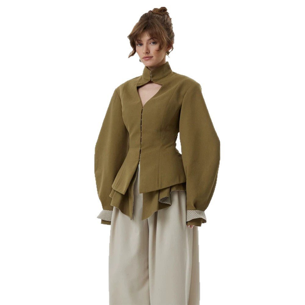Women's tailored jacket with standing collar, cut-out and balloon sleeves Chichicherry - Chichicherry