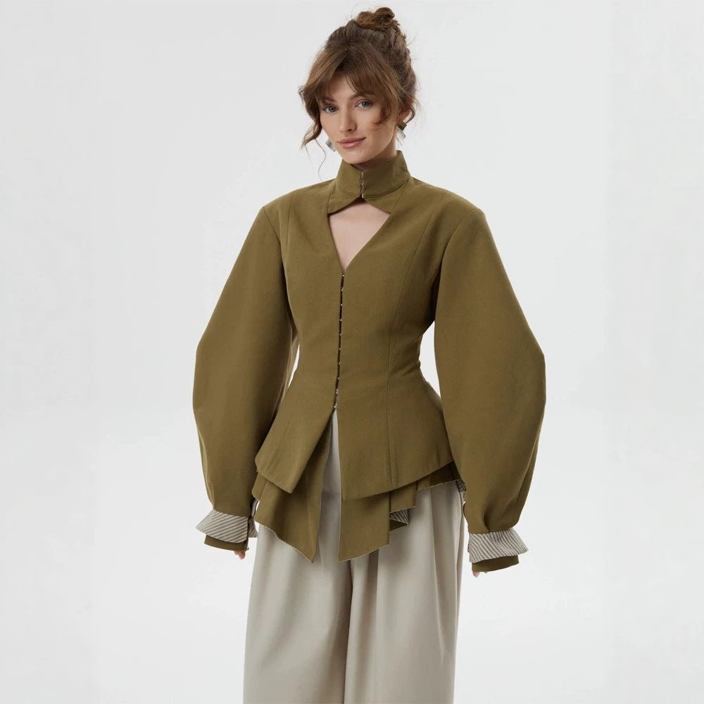 Women's tailored jacket with standing collar, cut-out and balloon sleeves Chichicherry - Chichicherry
