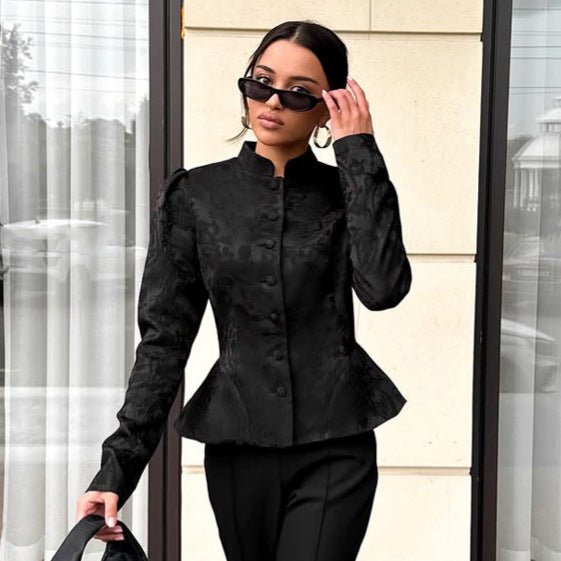 Women's Tailored Jacquard Blazer with Stand Collar, Puff Sleeves and Peplum Chichicherry - Chichicherry