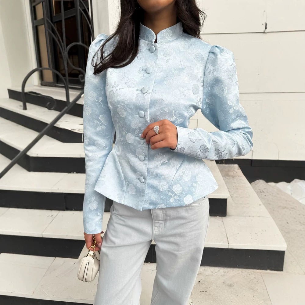 Women's Tailored Jacquard Blazer with Stand Collar, Puff Sleeves and Peplum Chichicherry - Chichicherry
