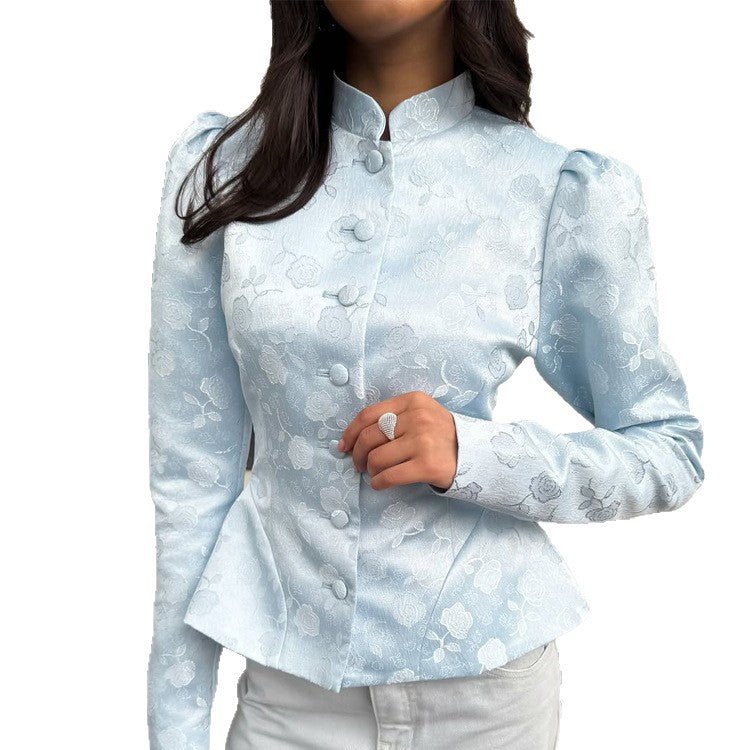 Women's Tailored Jacquard Blazer with Stand Collar, Puff Sleeves and Peplum Chichicherry - Chichicherry