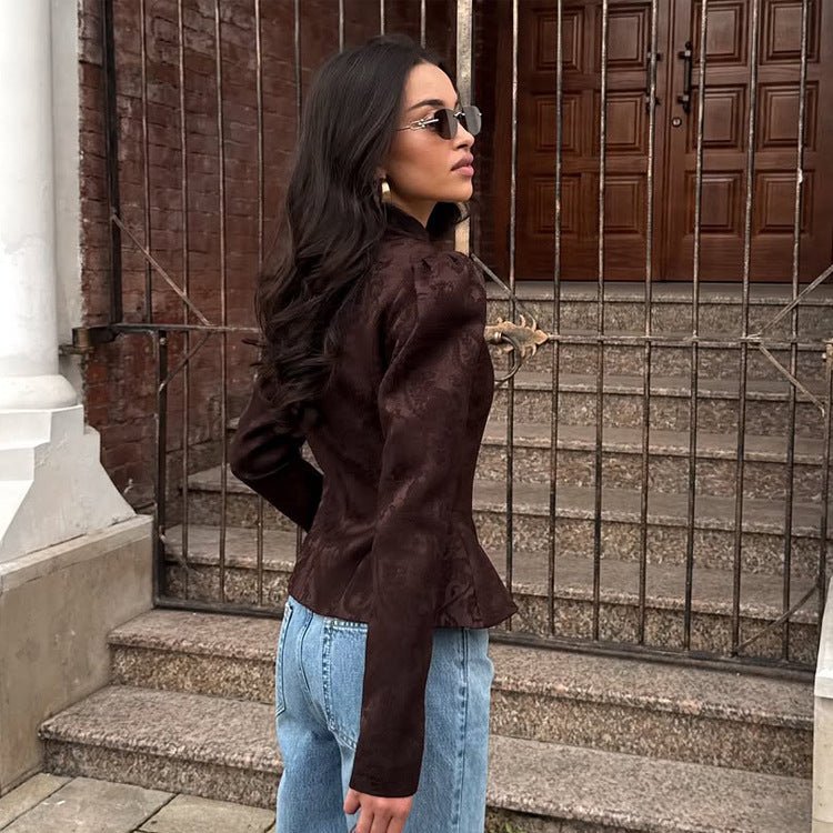 Women's Tailored Jacquard Blazer with Stand Collar, Puff Sleeves and Peplum Chichicherry - Chichicherry