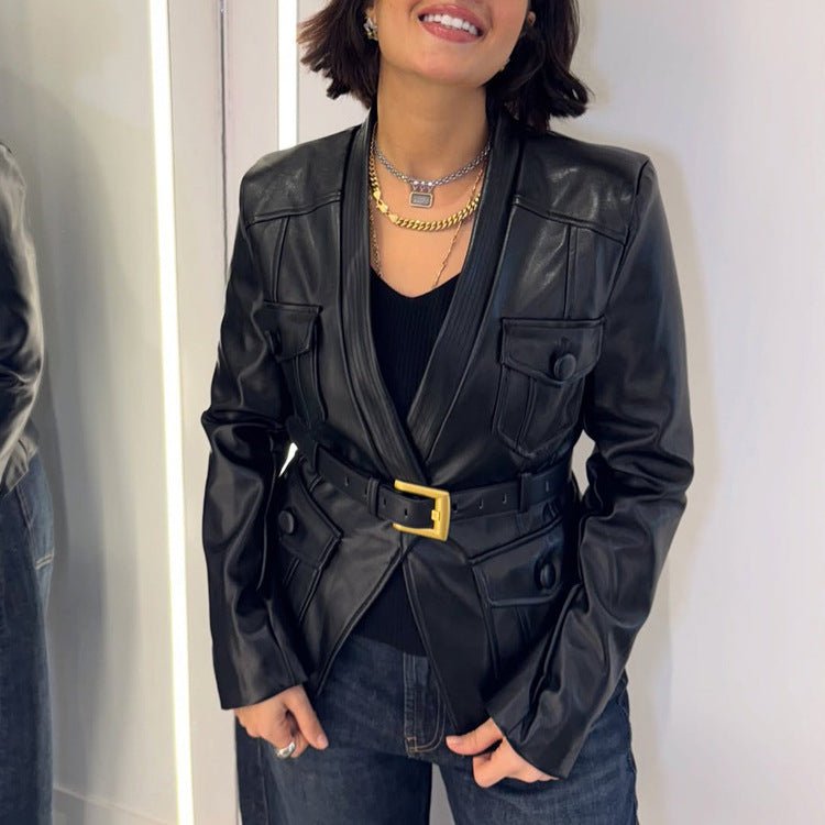 Women's Tailored Leather Blazer in Corset Style with Wide Buckle Belt and Flap Pockets Chichicherry - Chichicherry