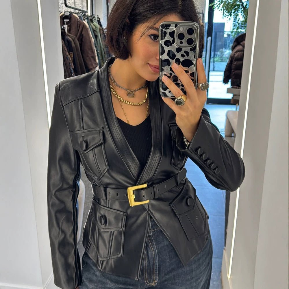 Women's Tailored Leather Blazer in Corset Style with Wide Buckle Belt and Flap Pockets Chichicherry - Chichicherry