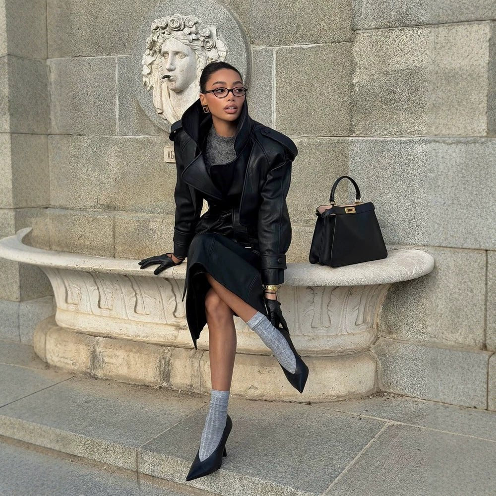 Women's Tailored Leather Jacket with Short Cape Insert, Shoulder Pads and Tie Belt Chichicherry - Chichicherry