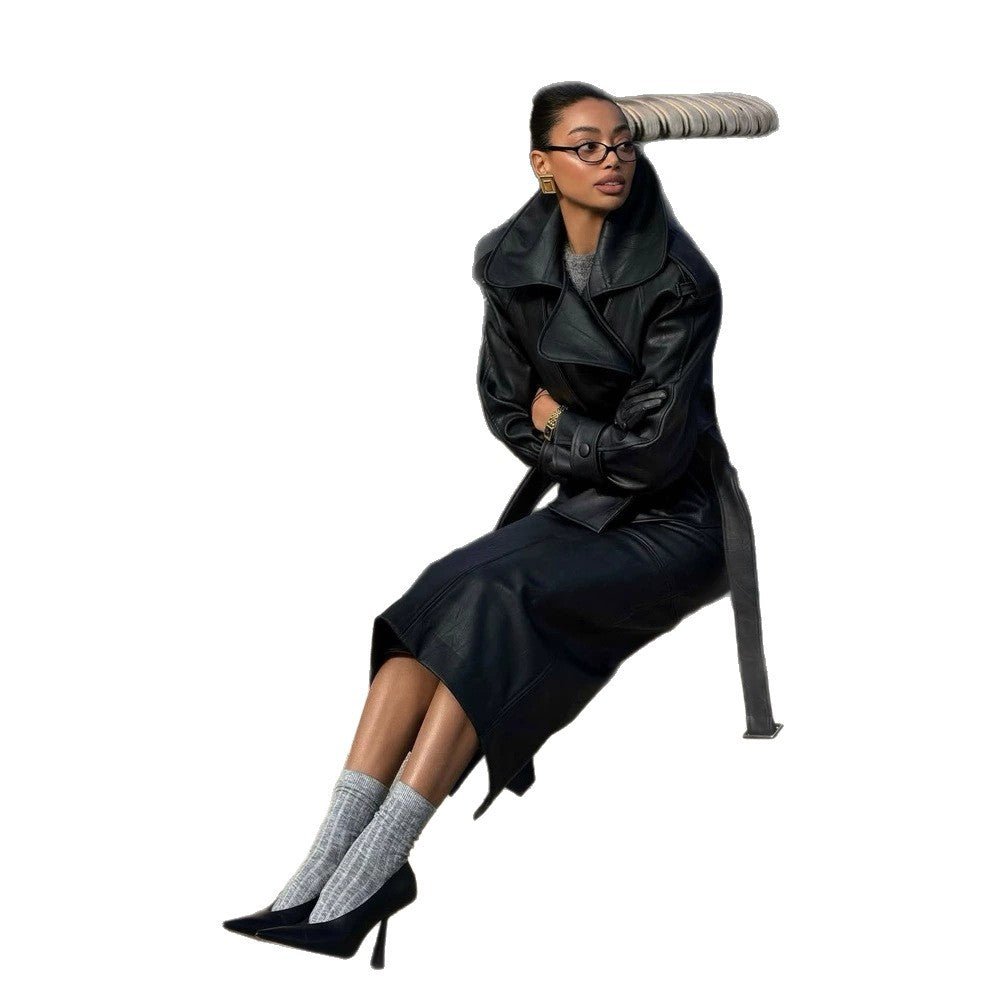 Women's Tailored Leather Jacket with Short Cape Insert, Shoulder Pads and Tie Belt Chichicherry - Chichicherry