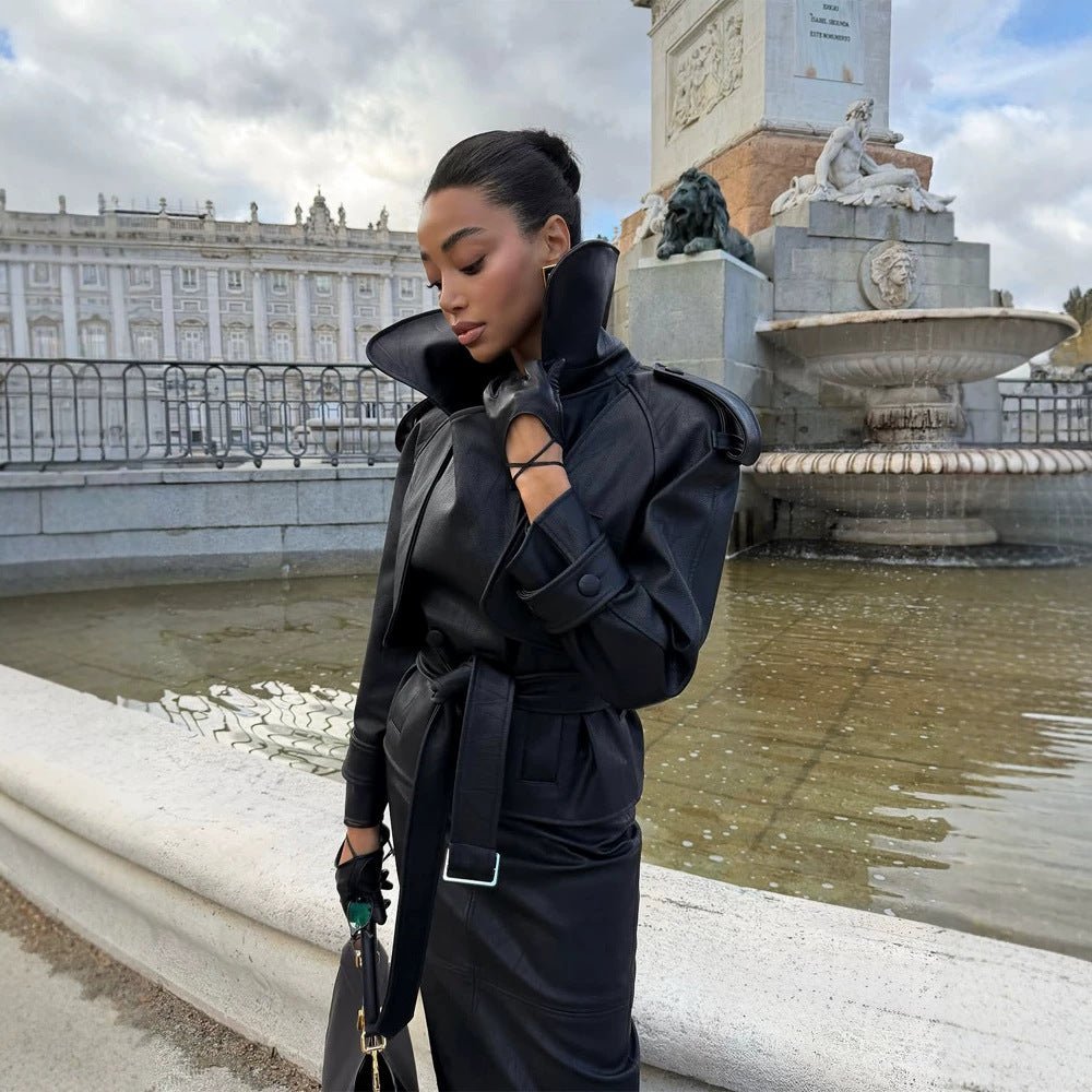 Women's Tailored Leather Jacket with Short Cape Insert, Shoulder Pads and Tie Belt Chichicherry - Chichicherry
