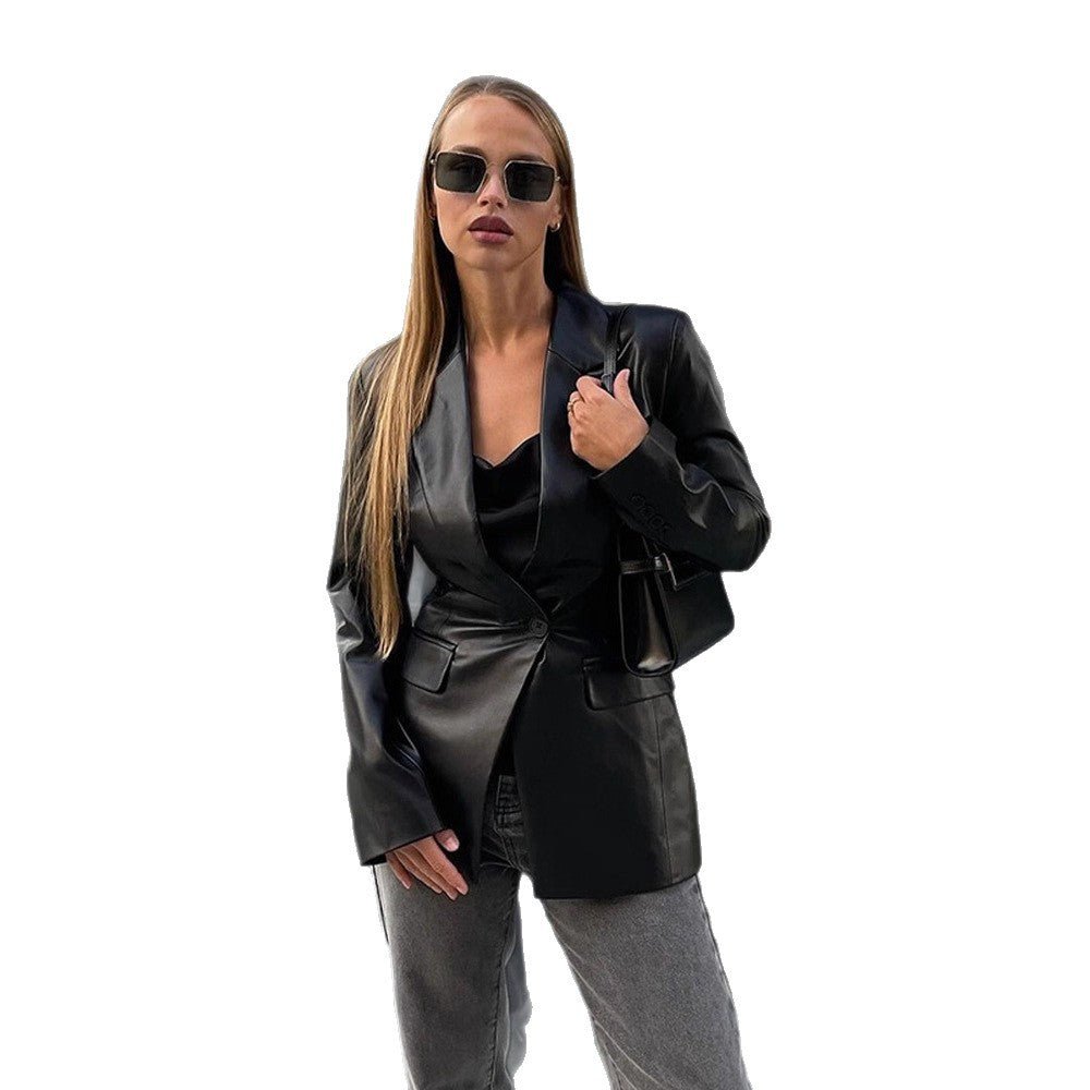 Women's Tailored Long Blazer in Leather Look with Shoulder Pads and Flap Pockets Chichicherry - Chichicherry