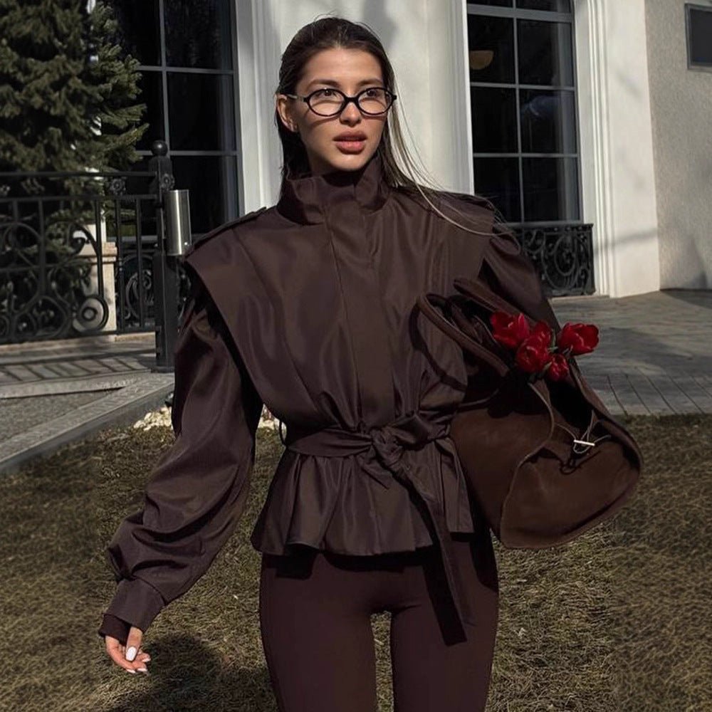 Women's Tailored Peplum Jacket with Tie Belt and Voluminous Sleeves Chichicherry - Chichicherry