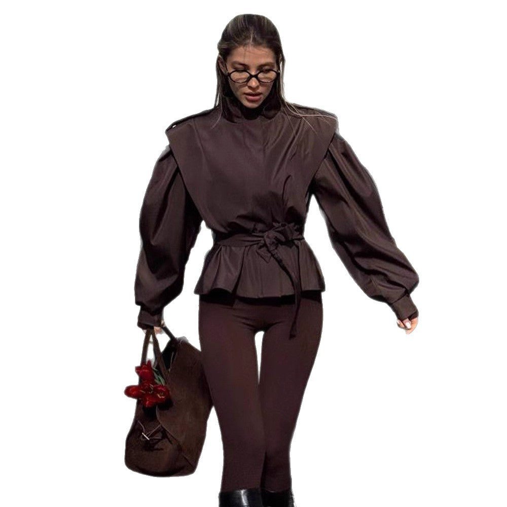 Women's Tailored Peplum Jacket with Tie Belt and Voluminous Sleeves Chichicherry - Chichicherry